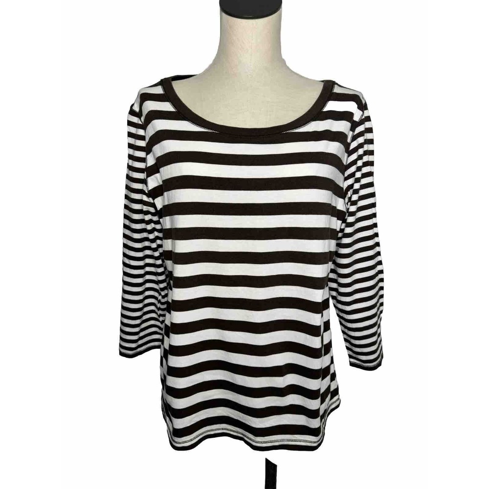 Chico's Brown White Stripes Pima Cotton Blend 3/4 Sleeves VTG Large
